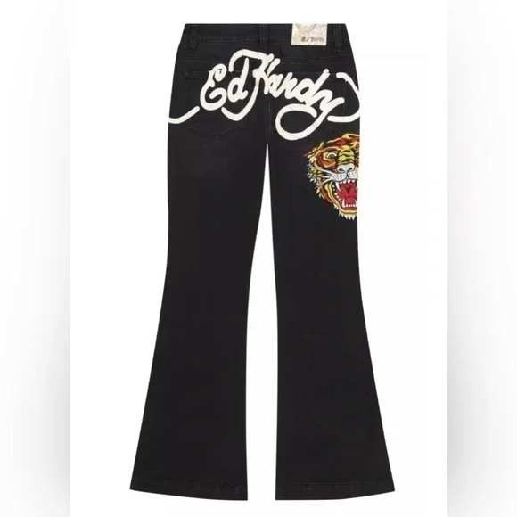 Ed Hardy Spellout Jeans Embroidered Tiger Head Slim Black Size 32 Y2K Flare Leg